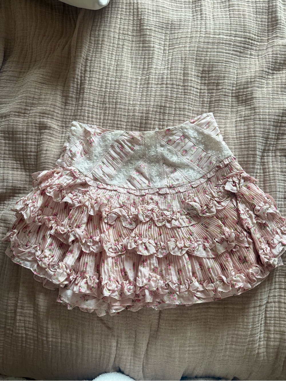 LoveShackFancy Pink Floral Ruffled Mini Skirt